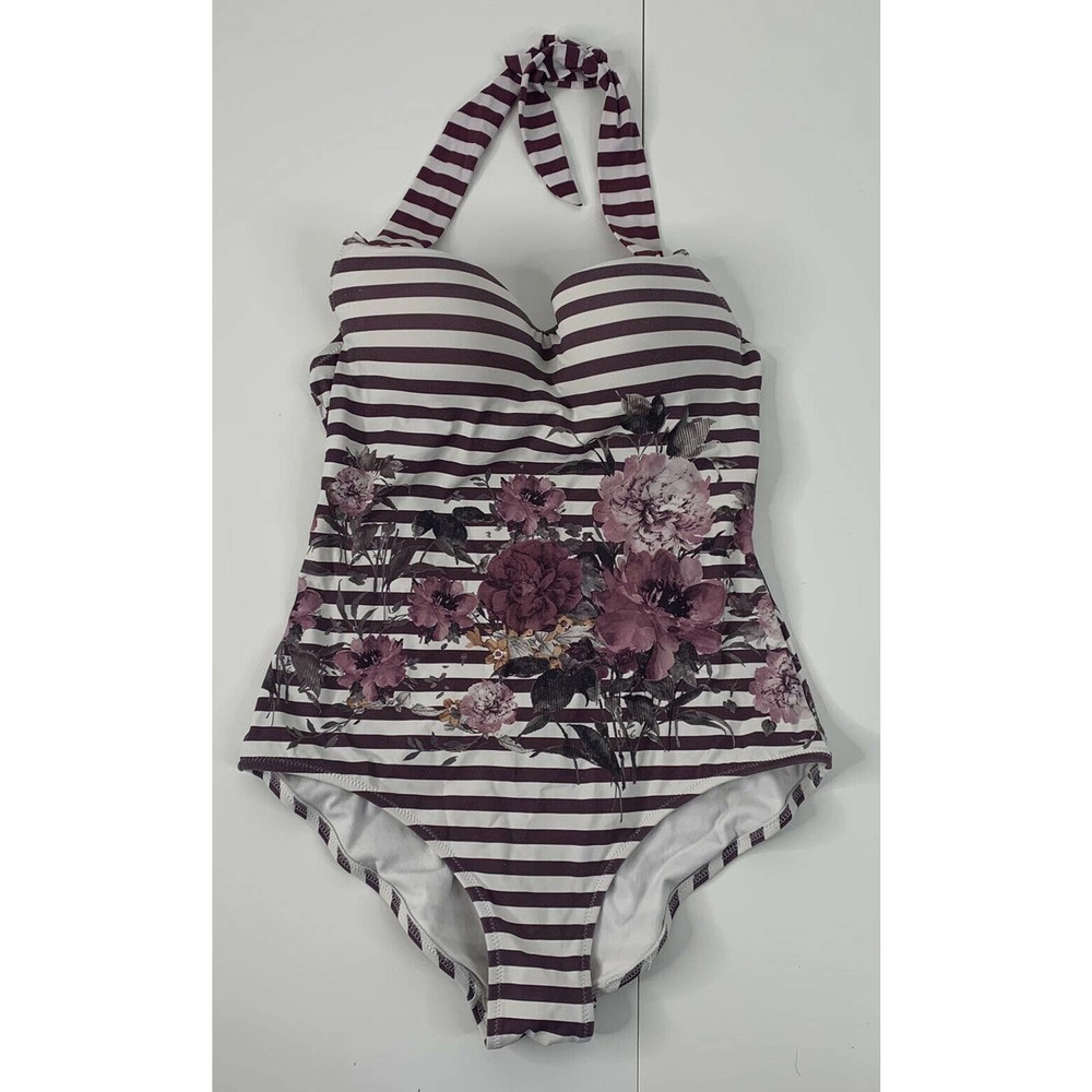 JOLIDON Floral Striped Padded Halter Top Swimsuit
